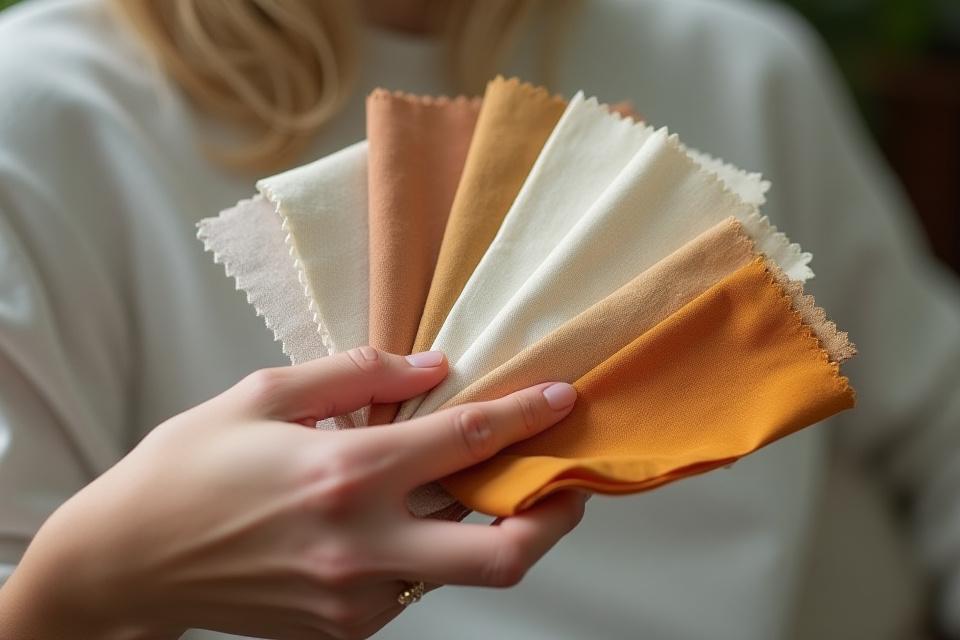A hand holding luxurious fabric swatches for color and texture examination.