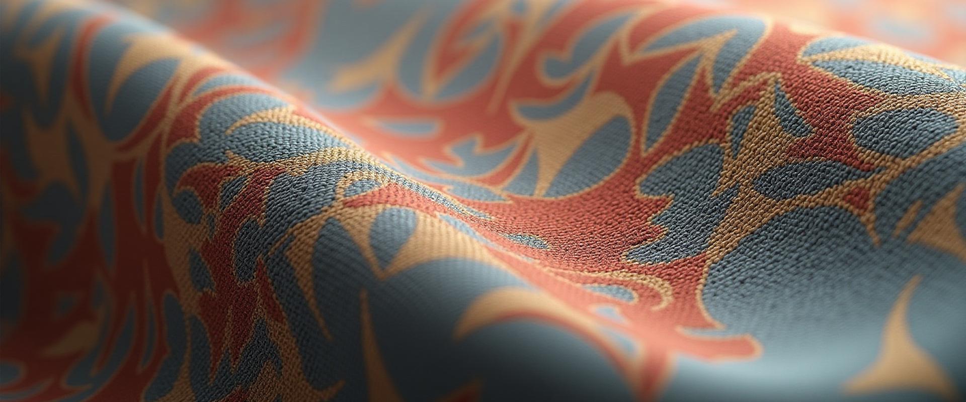 Macro shot of luxurious, uniquely patterned fabric showing detailed weave and rich colors.