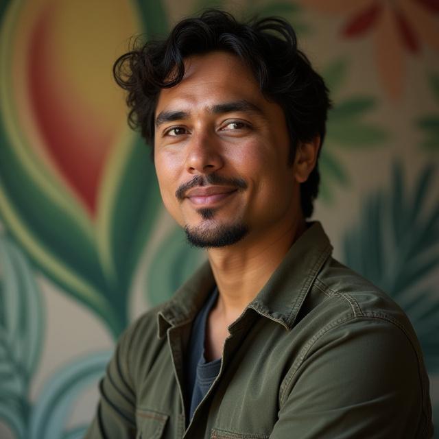 Portrait of Carlos Gomez, a muralist known for botanical designs.