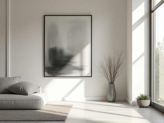A serene monochromatic art piece in shades of gray and soft green.
