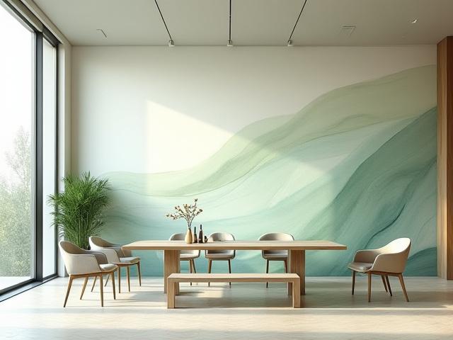 A large, detailed botanical mural dominating a modern dining area.
