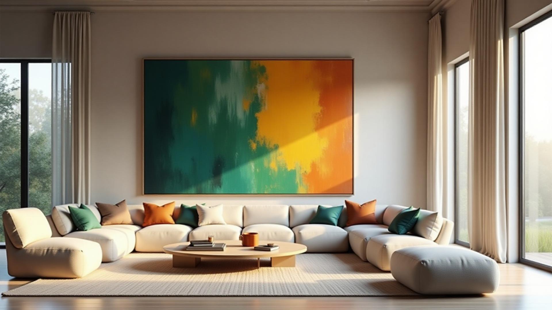 Large, vibrant abstract art piece centered in a meticulously styled modern living room, full of natural light.