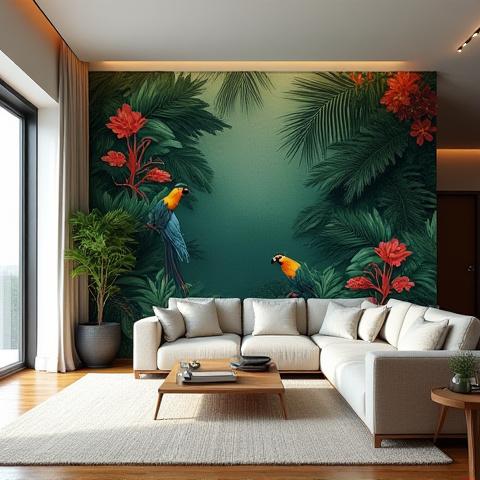Full view of a living room with a large, vibrant Carlos Gomez floral mural.